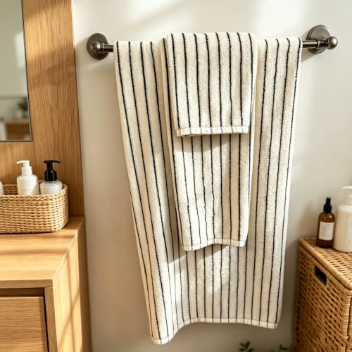 Black and White Striped Cotton Bath Towels Set 6 Pieces for Bathroom Decor