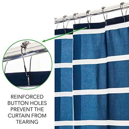mDesign Fabric Shower Curtain, Machine Washable, Quality Reinforced Buttonholes for Bathroom, Guest Bath, Stalls, Tubs - Modern Simple Stripes Design - White/Dress Blues