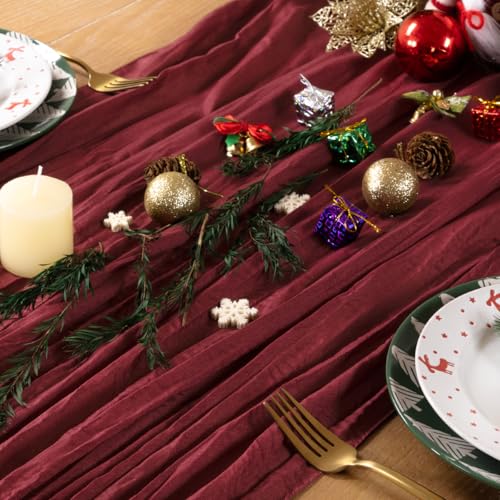 Burgundy Cheesecloth Table Runners 4 Pack - Rustic Boho Holiday Decor