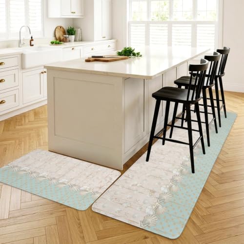Beach Kitchen Rugs Set of 2 - Mint, Seafoam, Sand, Cream, 40x60 + 40x120 Inches