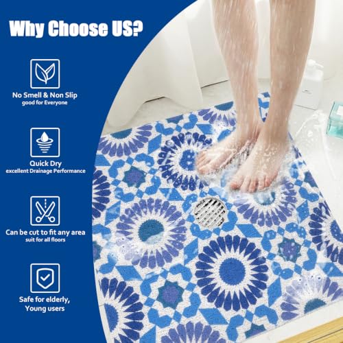 Blue Pattern Square Shower Mat Non Slip 24x24 Inch with Drain Hole - Loofah Surface