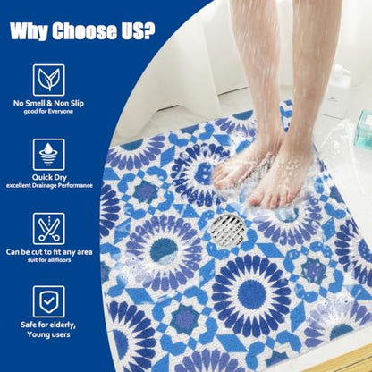 Blue Pattern Square Shower Mat Non Slip 24x24 Inch with Drain Hole - Loofah Surface
