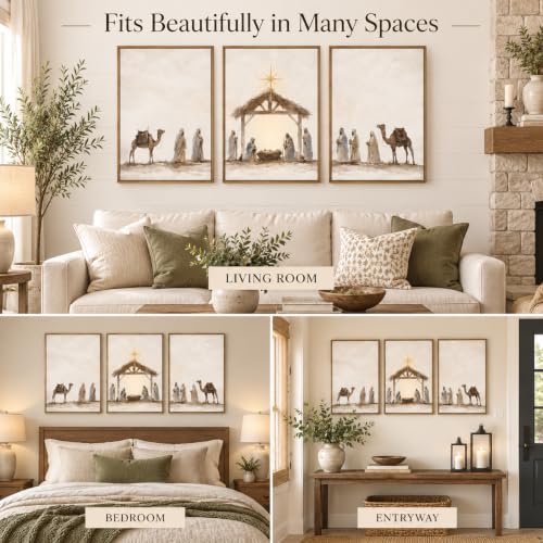 3-Piece Nativity Wall Art Set - Framed Religious Decor, 24 x 36 in Wheat Cocoa