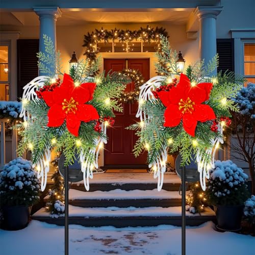Red Solar Christmas Lights Outdoor Decorations Angel Wings Poinsettia Stakes - Waterproof Garden Pathway Yard Lawn