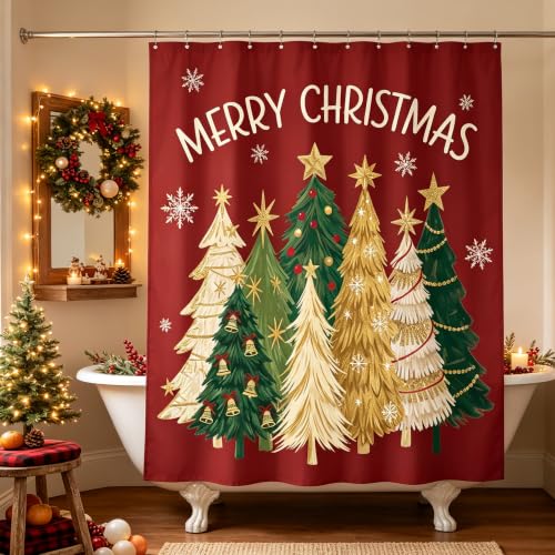 Burgundy Red Christmas Shower Curtain Set with 12 Hooks 72x72 Inches