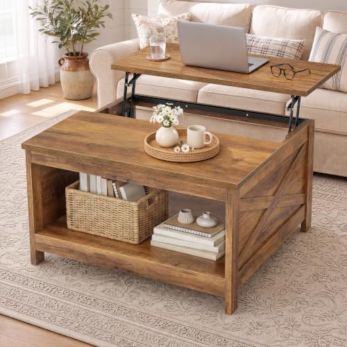 VASAGLE Lift Top Square Coffee Table with Storage - Honey Brown, 31.5"D x 31.5"W x 17.9"H