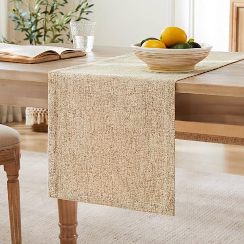 Burlap Style Farmhouse Table Runner - 14x90 Inches, Warm Beige & Brown