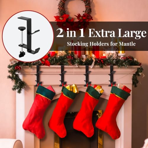 4 Pack Adjustable Stocking Holders for Mantle - XL Black, Fits 0.3-3.46 Inches