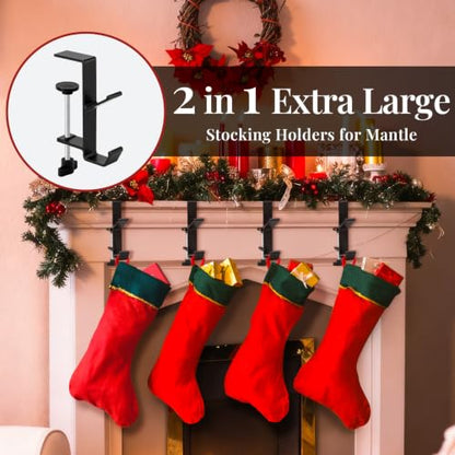 4 Pack Adjustable Stocking Holders for Mantle - XL Black, Fits 0.3-3.46 Inches
