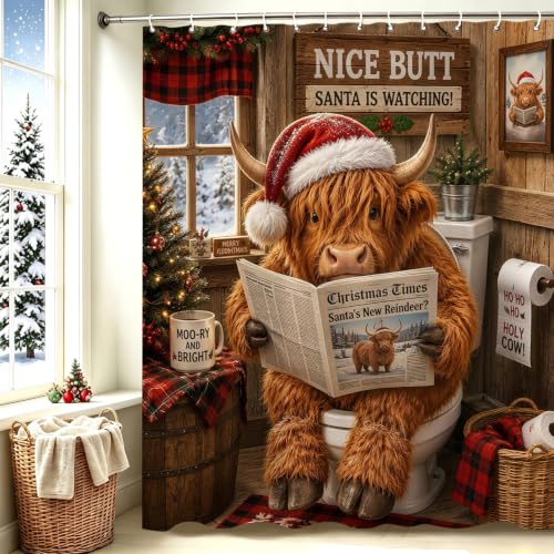 Christmas Highland Cow Theme Waterproof Shower Curtain Set with 12 Hooks - 72x72 In - Brownred