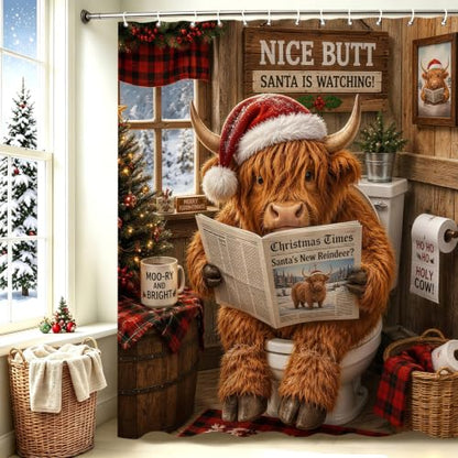 Christmas Highland Cow Theme Waterproof Shower Curtain Set with 12 Hooks - 72x72 In - Brownred