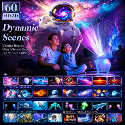 3D Galaxy Projector with 60 HD Dynamic Scenes - White Version for Home & Bedroom Decor