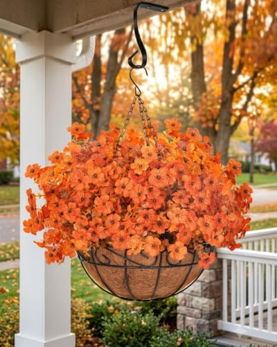 Artificial Fall Orange Mums Flowers Planter Hanging Basket for Outdoors - Fall Orange