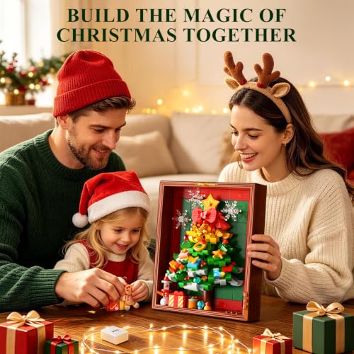 Christmas Tree Building Set with Rotating Snowflakes and LED Lights - Festive Holiday Decor Kit