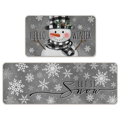 Hello Winter Snowman Grey Kitchen Rugs Set of 2 - Non-Slip Decor Mats