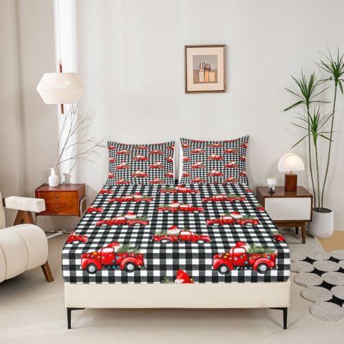 Manfei Buffalo Plaid Gnome Queen Fitted Sheet Set - Christmas Bedding, 16-Inch Deep Pockets