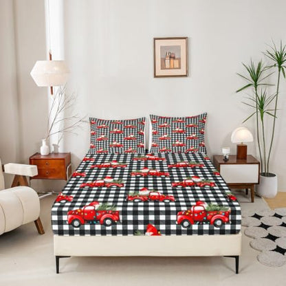 Manfei Buffalo Plaid Gnome Queen Fitted Sheet Set - Christmas Bedding, 16-Inch Deep Pockets