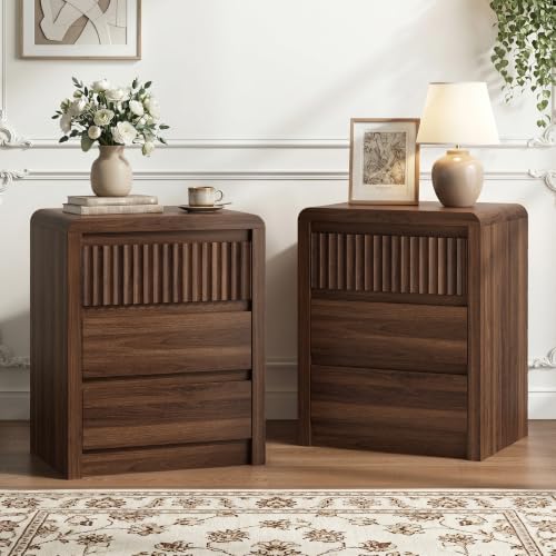 Walnut Fluted Nightstand Set of 2 with 3 Drawers - 24.4 in Tall End Tables