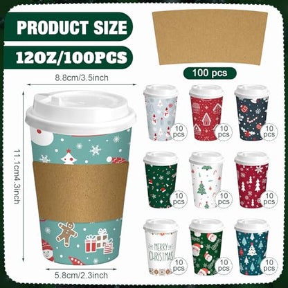 Christmas Paper Cups with Lids & Sleeves - Santa 12 oz Holiday Drinkware