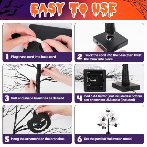 Black Halloween Tree Set with LED Lights - 2 Pack 24 Inch Spooky Decor