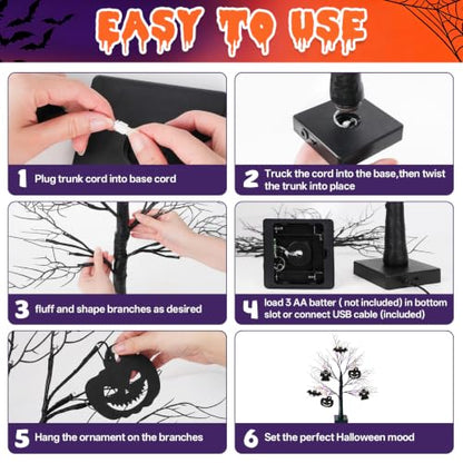 Black Halloween Tree Set with LED Lights - 2 Pack 24 Inch Spooky Decor