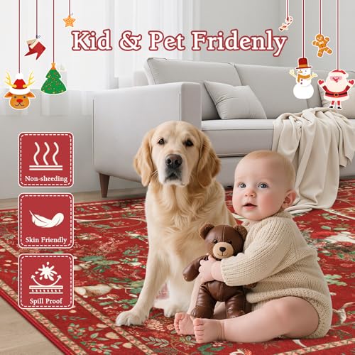 2'7" x 8" Christmas Runner Rug - Red Holiday Reindeer & Santa Design, Washable, Non-Slip, Low Pile