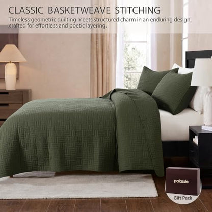 Light Green Cotton Quilt Set Queen Size 3 Pieces - Textured Rustic Bedding