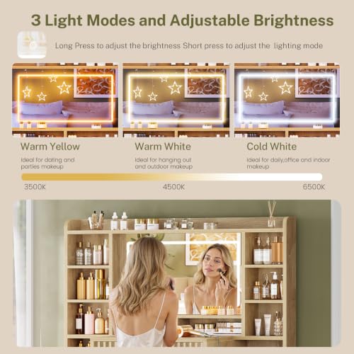 Lighted Vanity Desk with Mirror, 7 Drawers & 6 Open Shelves, USB & Outlet Power