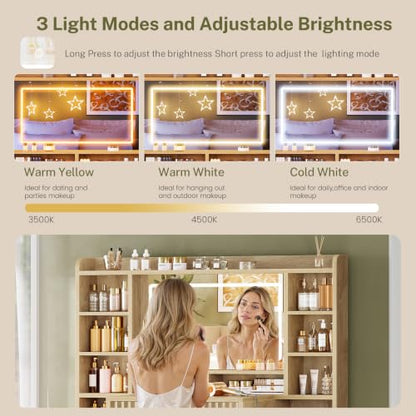 Lighted Vanity Desk with Mirror, 7 Drawers & 6 Open Shelves, USB & Outlet Power