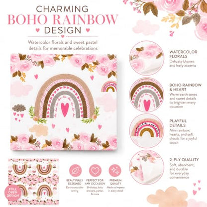 Boho Rainbow Paper Napkins Pink Floral Party Supplies 60 Count