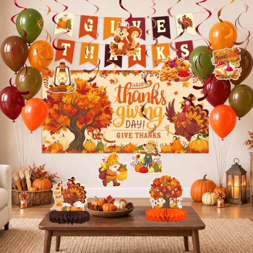Thanksgiving Decorations Kit with Give Thanks Banner, Balloons & Backdrop - Fall Harvest Celebration Set