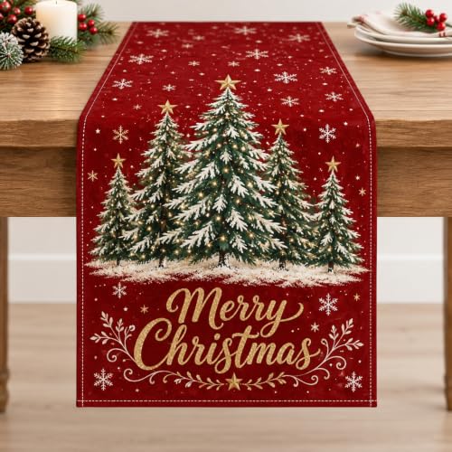 Christmas Table Runner with Red Tree Design for Holiday Dining