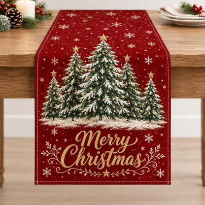 Christmas Table Runner with Red Tree Design for Holiday Dining