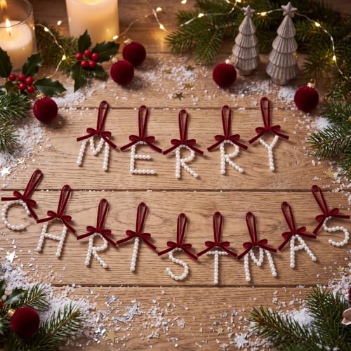 Christmas Pearl Letter Garland Banner with Velvet Bows - Holiday Decor