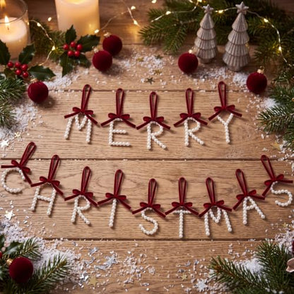 Christmas Pearl Letter Garland Banner with Velvet Bows - Holiday Decor