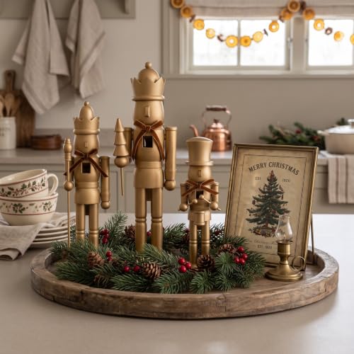 Christmas Nutcracker Figures Set - Gold Wooden Holiday Decor, 10-15 Inches