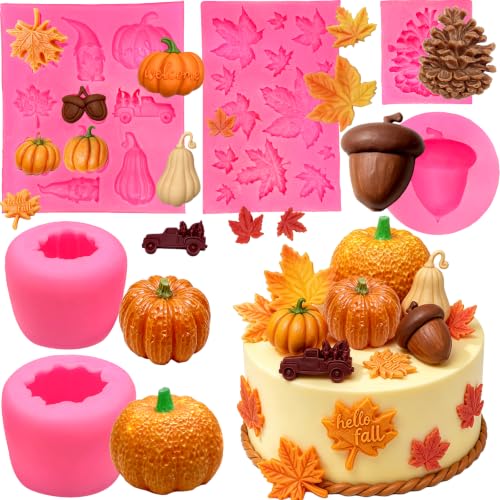 Fall Thanksgiving Fondant Molds 6-Piece Pumpkin Acorn Maple Leaves Set - Pink Variation