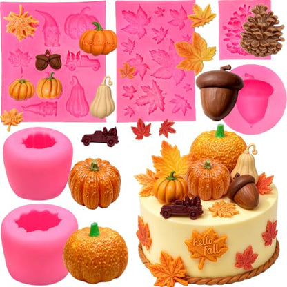 Fall Thanksgiving Fondant Molds 6-Piece Pumpkin Acorn Maple Leaves Set - Pink Variation