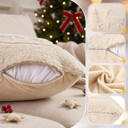 Christmas Tree Deer Lumbar Pillow Covers Set 12x20 Inch - Holiday Decor