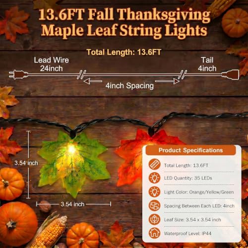 Fall Maple Leaf String Lights 35 LED 13.6 FT Connectable Indoor Decor