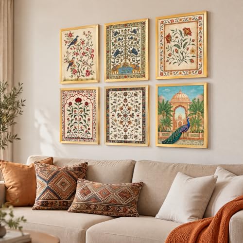 Scandinavian Vintage Floral Wall Art Set - Indian Floral Variation, 6 Pieces