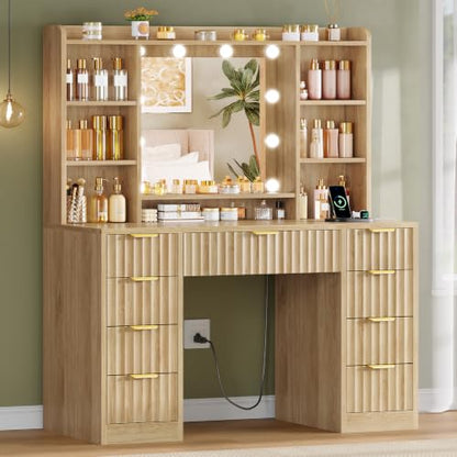 Fluted Vanity Desk with Mirror & 9 Drawers, 6 Open Shelves, 10 Bulbs, 3 Lighting Modes, Built-in Outlet