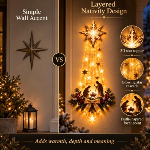 Lighted Nativity Wall Decor - Bethlehem Star of Faith with Manger Scene, 1 Piece - Glowing Christmas Religious Ornament