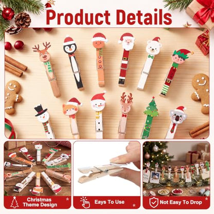Christmas Wooden Clothespins Set of 60 with Holiday Animal & Festive Designs