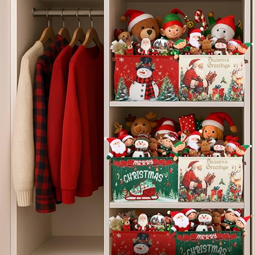 6 Pack Christmas Storage Bins with Retro Canvas Design - Large Collapsible Organizer
