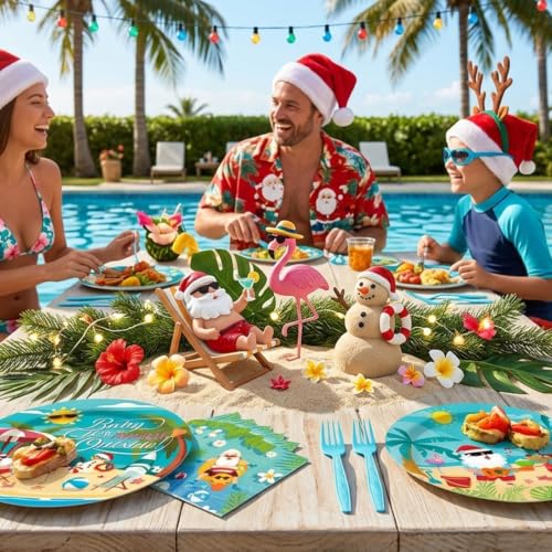 Christmas in July Party Tableware Set - 96 Pcs Summer Holiday Plates Napkins Forks