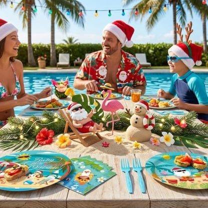 Christmas in July Party Tableware Set - 96 Pcs Summer Holiday Plates Napkins Forks