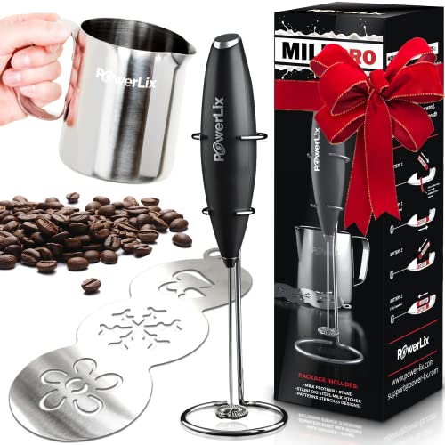 PowerLix Milk Frother With Stand Set Handheld Battery Operated Electric Foam Maker Frother Wand For Coffee, Latte, Cappuccino, Hot Chocolate, Durable Mini Drink Mixer With Stainless Steel Whisk