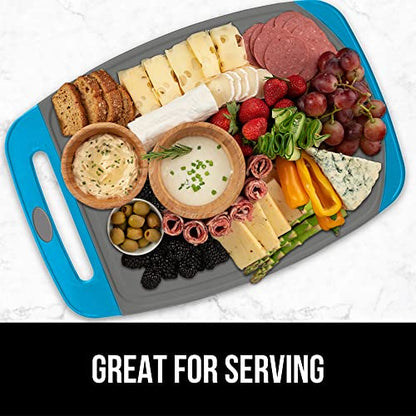 The Original Gorilla Grip Oversized 100% BPA Free Reversible Durable Kitchen Cutting Board Set of 3, Juice Grooves, Dishwasher Safe, Easy Grip Handle Border, Food Chopping Boards, Cooking, Aqua Gray