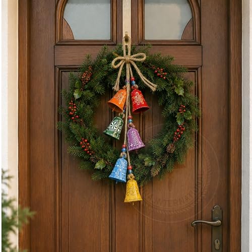 Holiday Christmas Bells Decoration Set with Hanging Ropes - Multicolor, 6 Pieces